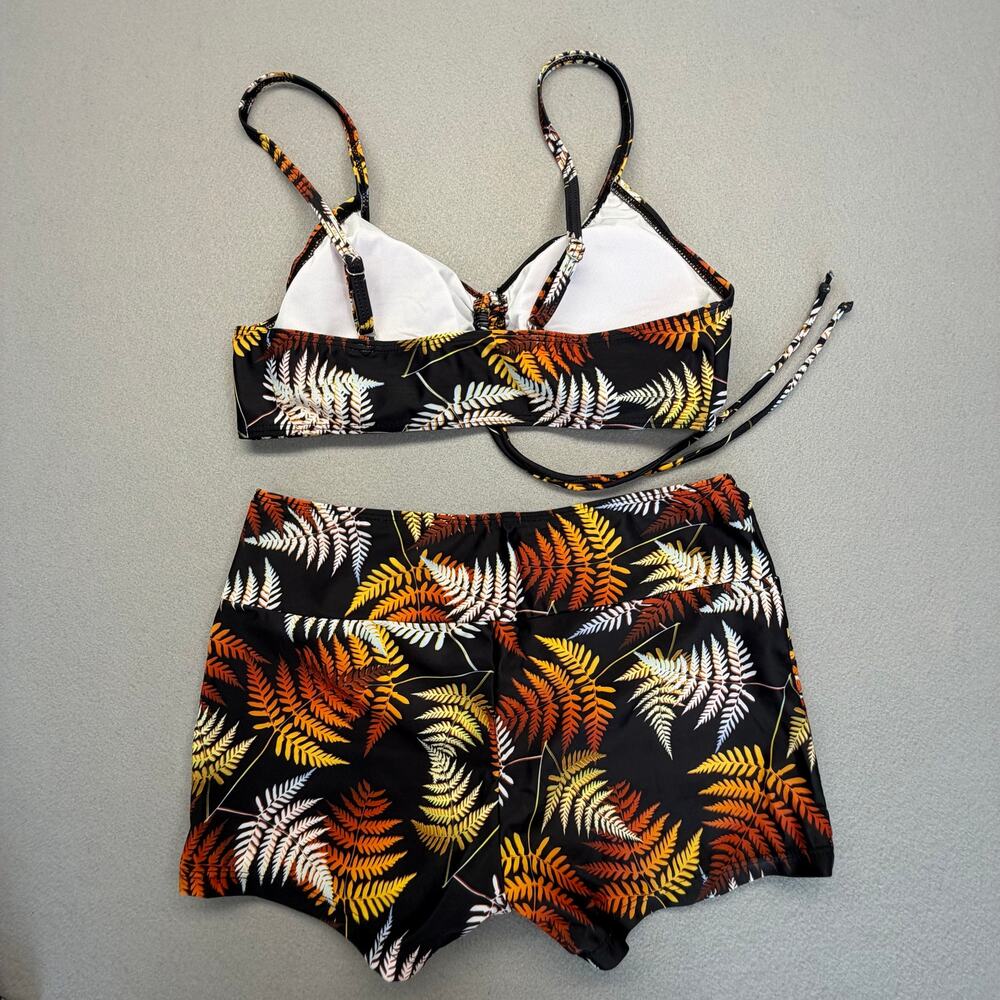 3 pc Women's Leaf Print Front Tie Bikini High Waist Shorts Swim w/Kimono Size M - Picture 5 of 8